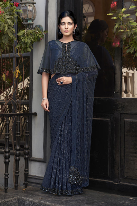 Designer Navy Blue Cape Style Blouse Party Wear Saree