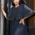 Designer Navy Blue Cape Style Blouse Party Wear Saree