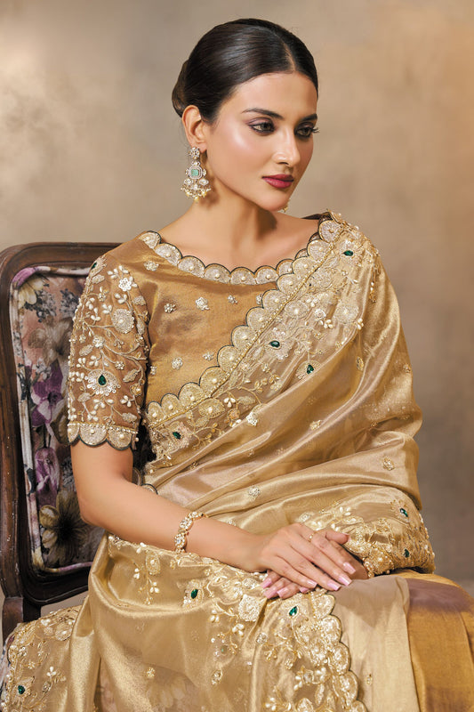 Golden Embroidered Silk Saree with Stone Work and Designer Blouse