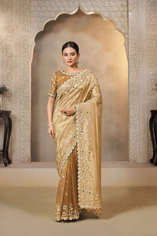 Golden Embroidered Silk Saree with Stone Work and Designer Blouse 