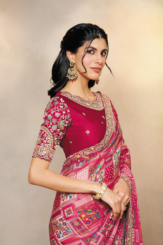 Designer Pink Silk Saree with Heavy Embroidery and Mirror Work Saree