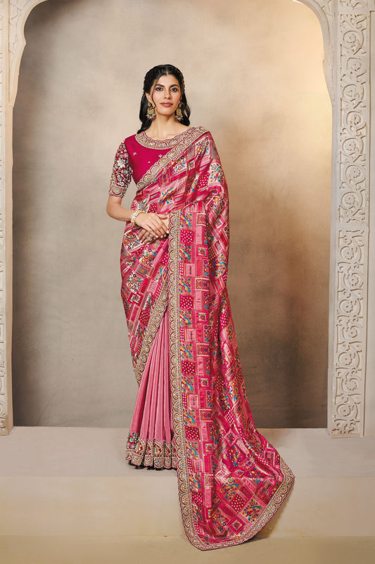 Designer Pink Silk Saree with Heavy Embroidery and Mirror Work Saree