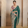Elegant Dark Green Designer Net Saree Contrast Blouse 