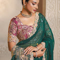 Elegant Dark Green Designer Net Saree Contrast Blouse