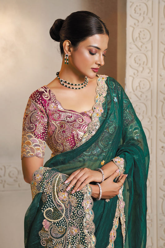 Elegant Dark Green Designer Net Saree Contrast Blouse