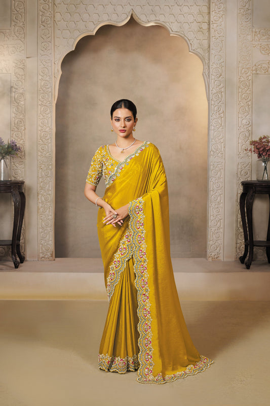 Mustard Yellow Silk Saree with Stone and Zari Border Designer Saree