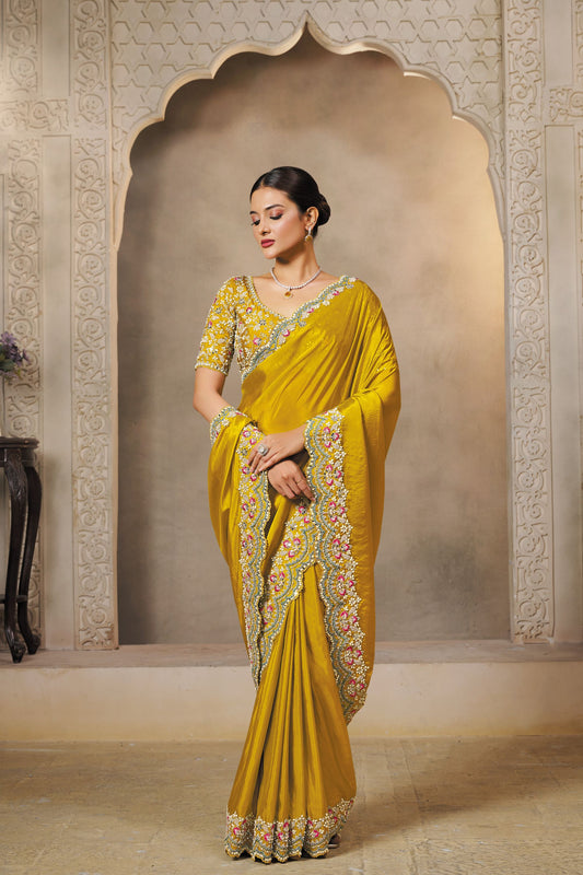 Mustard Yellow Silk Saree with Stone and Zari Border Designer Saree