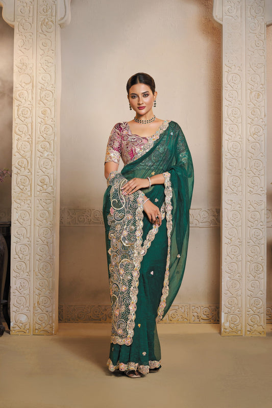 Elegant Dark Green Designer Net Saree Contrast Blouse 