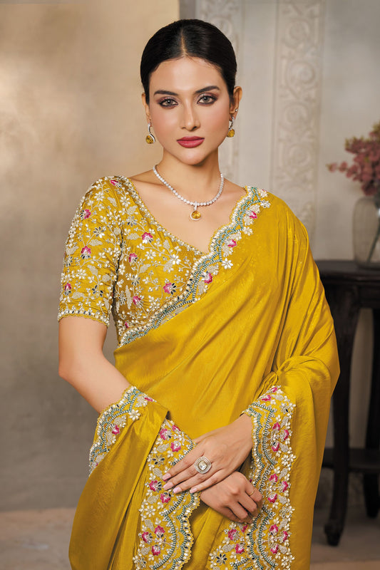 Mustard Yellow Silk Saree with Stone and Zari Border Designer Saree