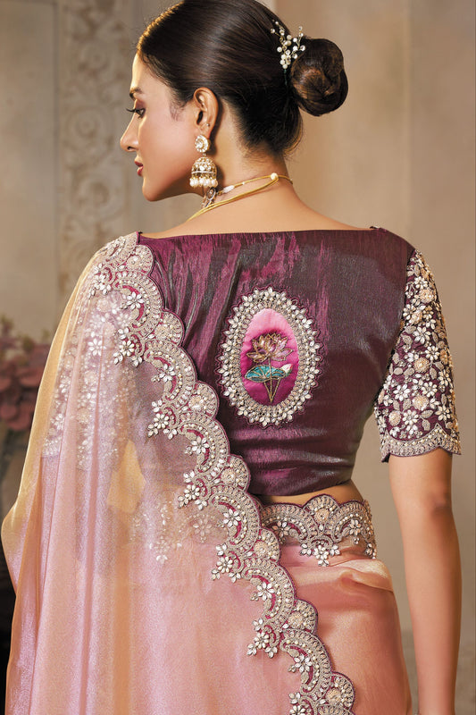 Peach Pink Designer Silk Saree with Heavy Stone and Zari Work Border Saree
