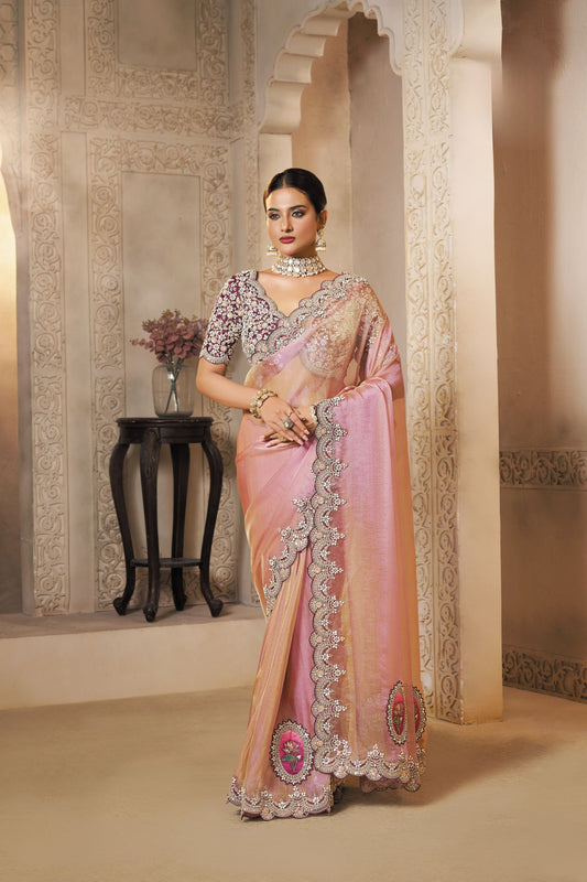 Peach Pink Designer Silk Saree with Heavy Stone and Zari Work Border Saree