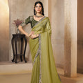 Olive Green Designer Silk Saree with Heavy Border Contrast Blouse