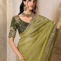 Olive Green Designer Silk Saree with Heavy Border Contrast Blouse