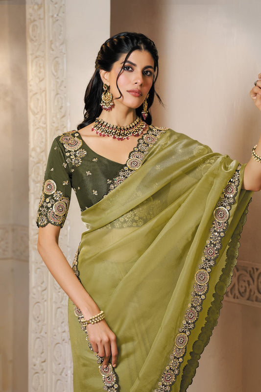 Olive Green Designer Silk Saree with Heavy Border Contrast Blouse