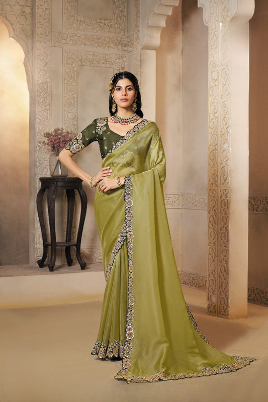 Olive Green Designer Silk Saree with Heavy Border Contrast Blouse
