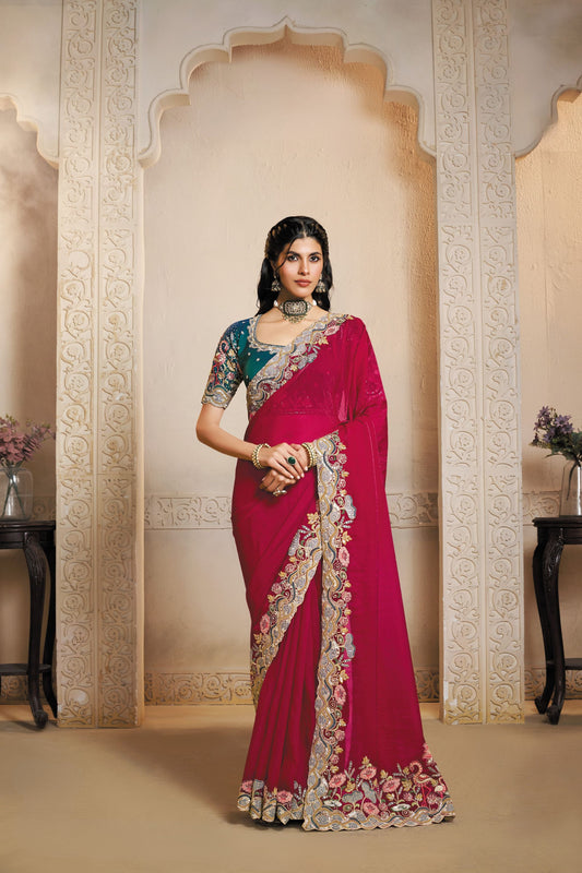 Designer Rani Pink Magenta Saree with Multi Embroidery Work