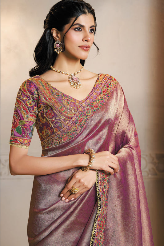 Regal Mauve Banarasi Silk Saree Rich Zari Multicolor Kashmiri Embroidery