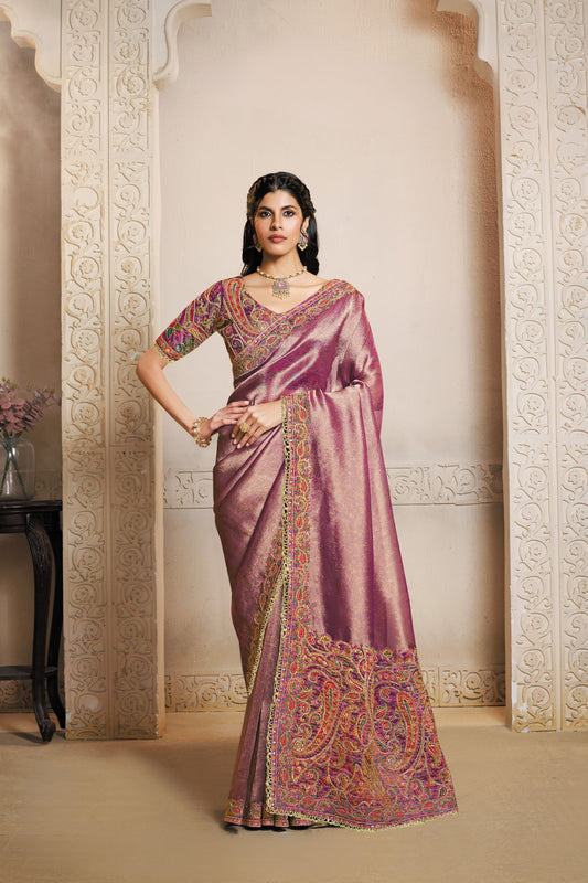 Regal Mauve Banarasi Silk Saree Rich Zari Multicolor Kashmiri Embroidery