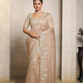 Elegant Beige Organza Silk Saree Pastel Embroidered Floral Border