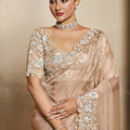 Elegant Beige Organza Silk Saree Pastel Embroidered Floral Border