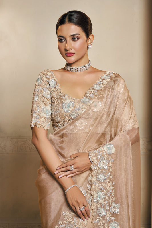 Elegant Beige Organza Silk Saree Pastel Embroidered Floral Border