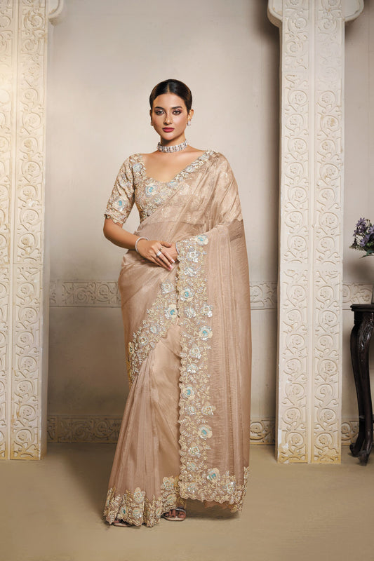 Elegant Beige Organza Silk Saree Pastel Embroidered Floral Border