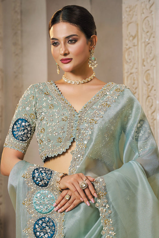 Pastel Cyan Green Organza Silk Saree with Heavy Border
