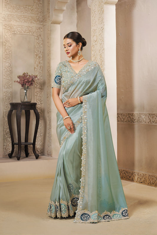 Pastel Cyan Green Organza Silk Saree with Heavy Border