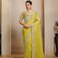  Lime Green Designer Embroidered Silk Saree with Heavy Blouse 