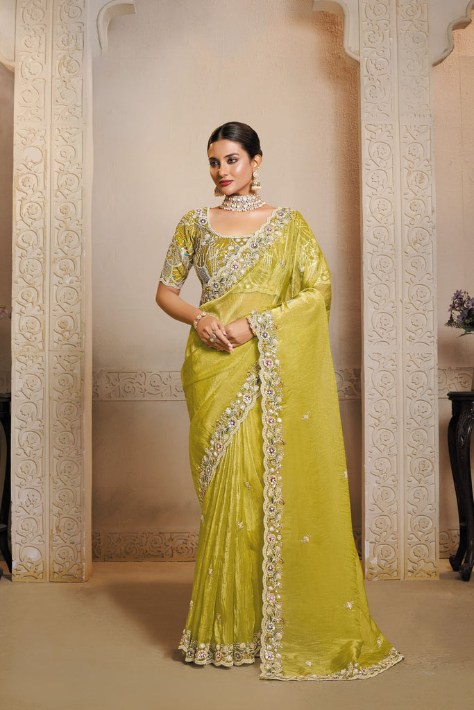  Lime Green Designer Embroidered Silk Saree with Heavy Blouse 