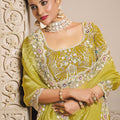 Lime Green Designer Embroidered Silk Saree with Heavy Blouse
