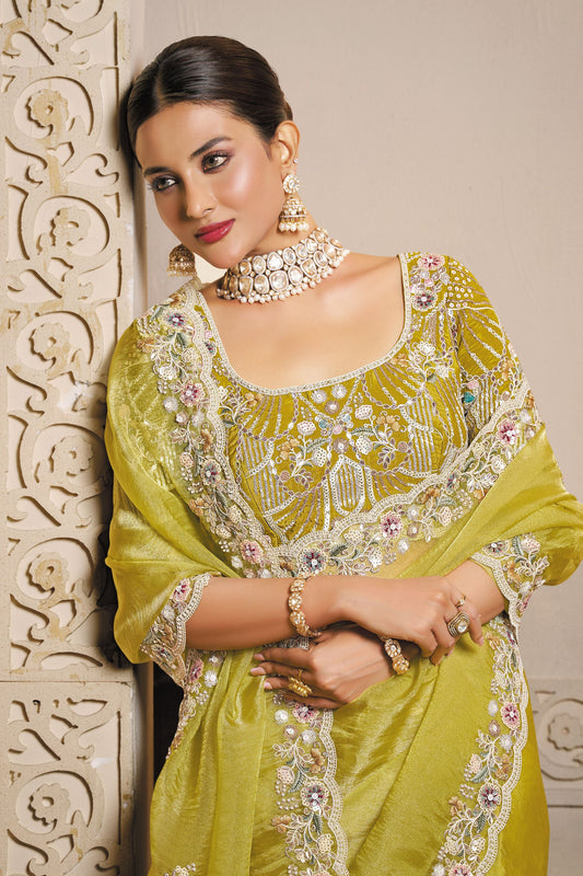 Lime Green Designer Embroidered Silk Saree with Heavy Blouse