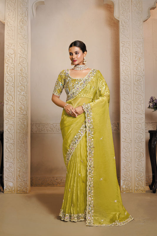  Lime Green Designer Embroidered Silk Saree with Heavy Blouse 