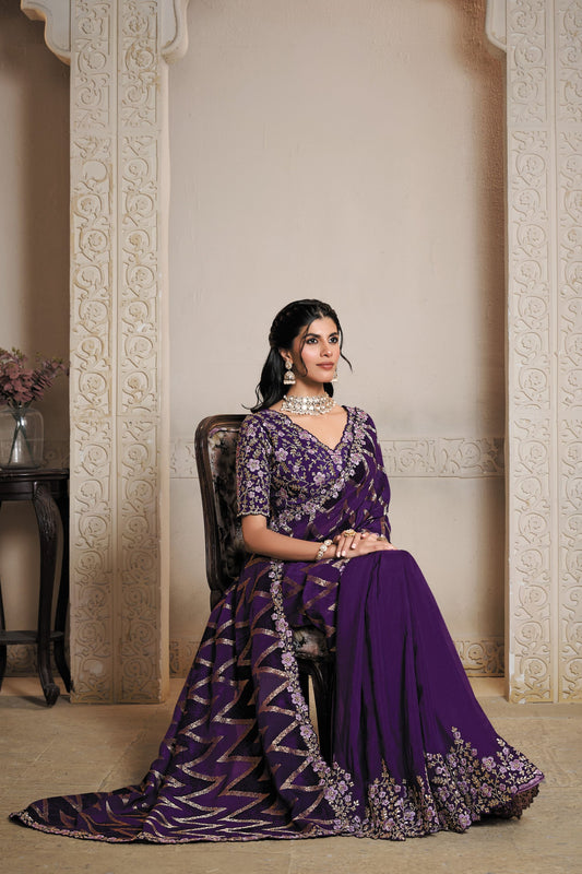 Designer Purple Velvet Saree with Golden Zigzag Heavy Border