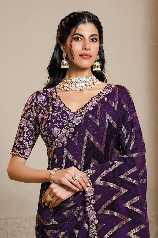 Designer Purple Velvet Saree with Golden Zigzag Heavy Border