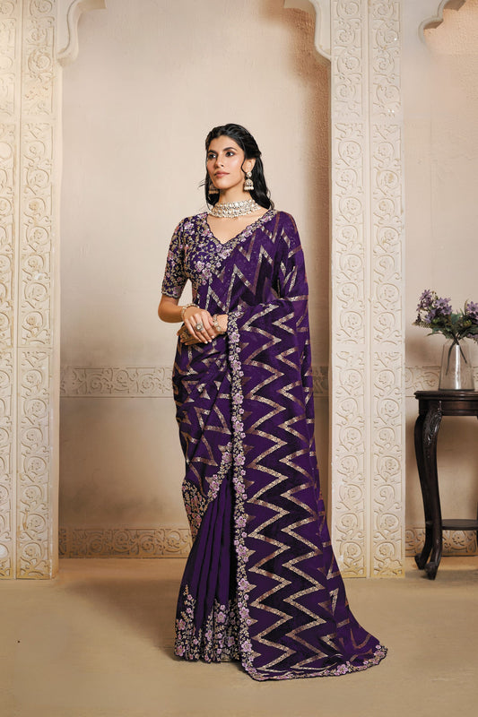 Designer Purple Velvet Saree with Golden Zigzag Heavy Border 