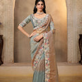  Grey and Brown Designer Silk Saree Heavy Border Matching Blouse