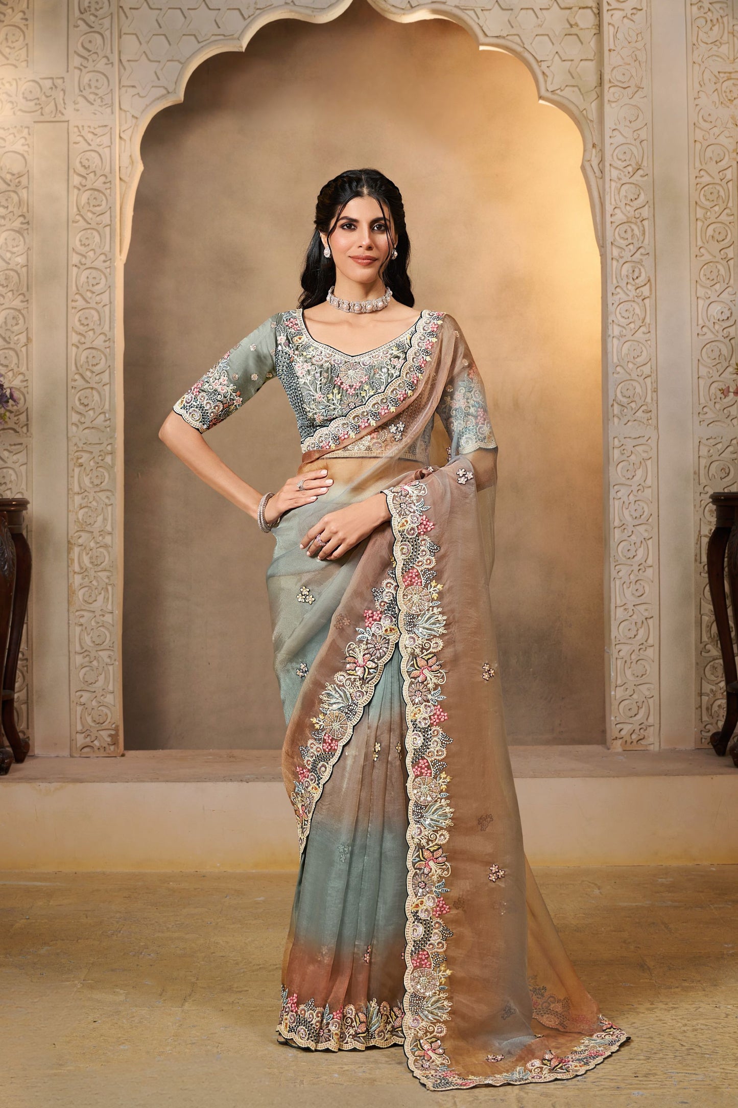  Grey and Brown Designer Silk Saree Heavy Border Matching Blouse