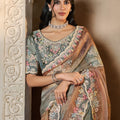 Grey and Brown Designer Silk Saree Heavy Border Matching Blouse