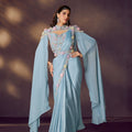 Designer Sky Blue Georgette Saree with Floral Handwork Blouse