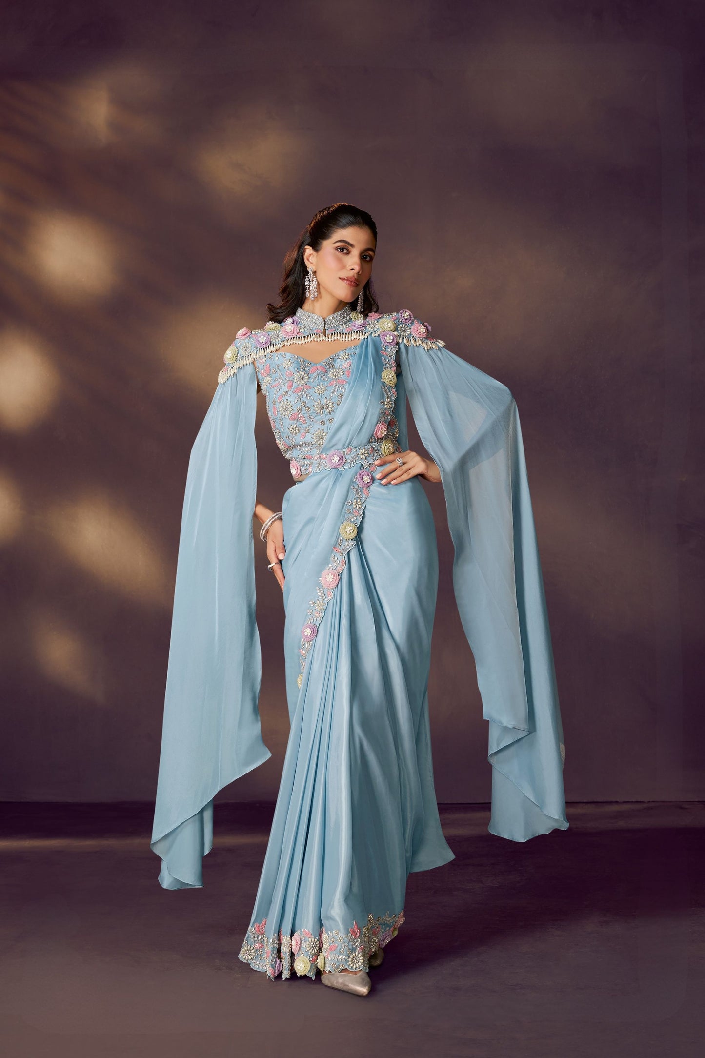 Designer Sky Blue Georgette Saree with Floral Handwork Blouse