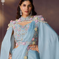 Designer Sky Blue Georgette Saree with Floral Handwork Blouse