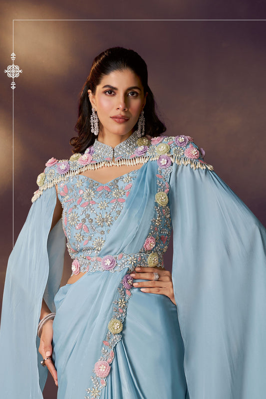 Designer Sky Blue Georgette Saree with Floral Handwork Blouse