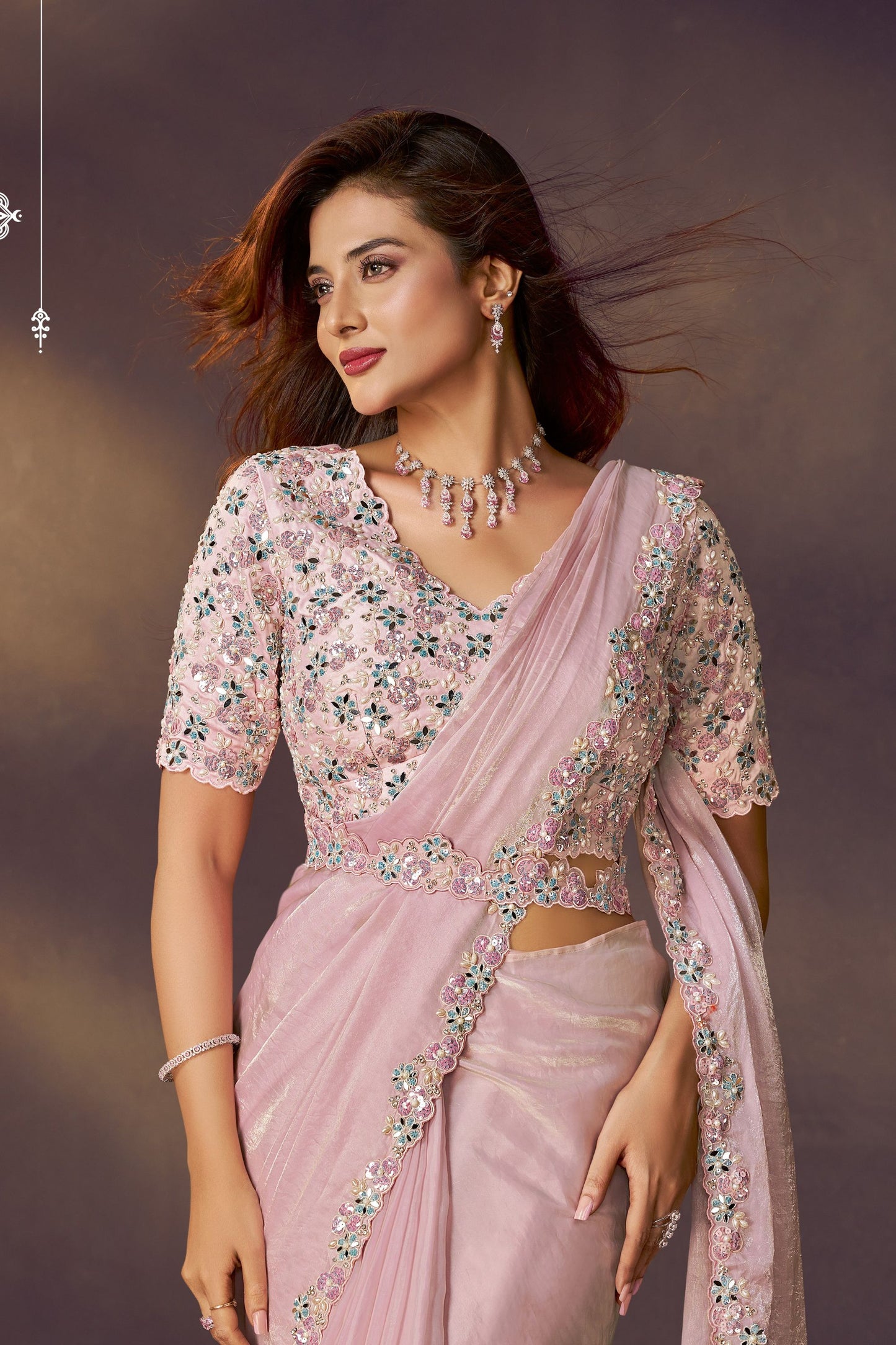 Pink Designer Georgette Saree with Mirror Work Blouse