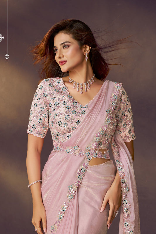 Pink Designer Georgette Saree with Mirror Work Blouse