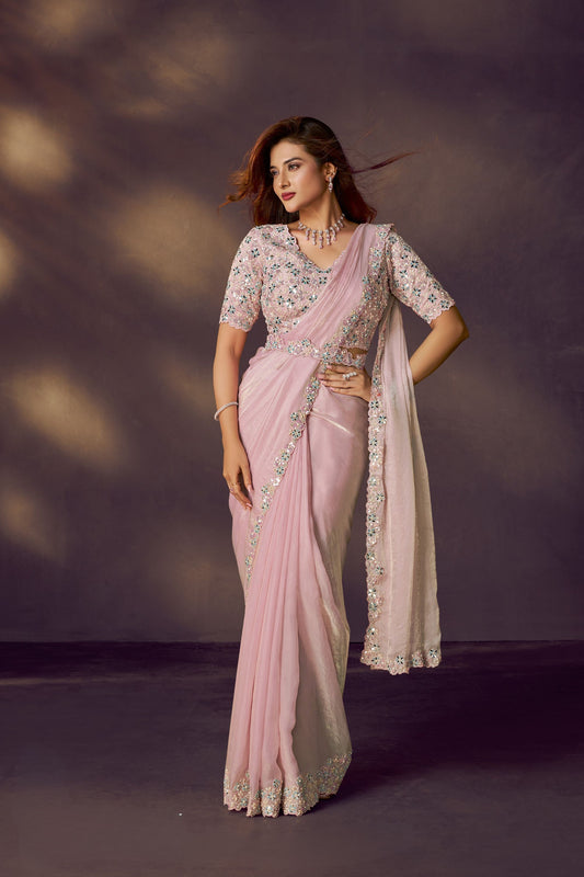 Pink Designer Georgette Saree with Mirror Work Blouse 