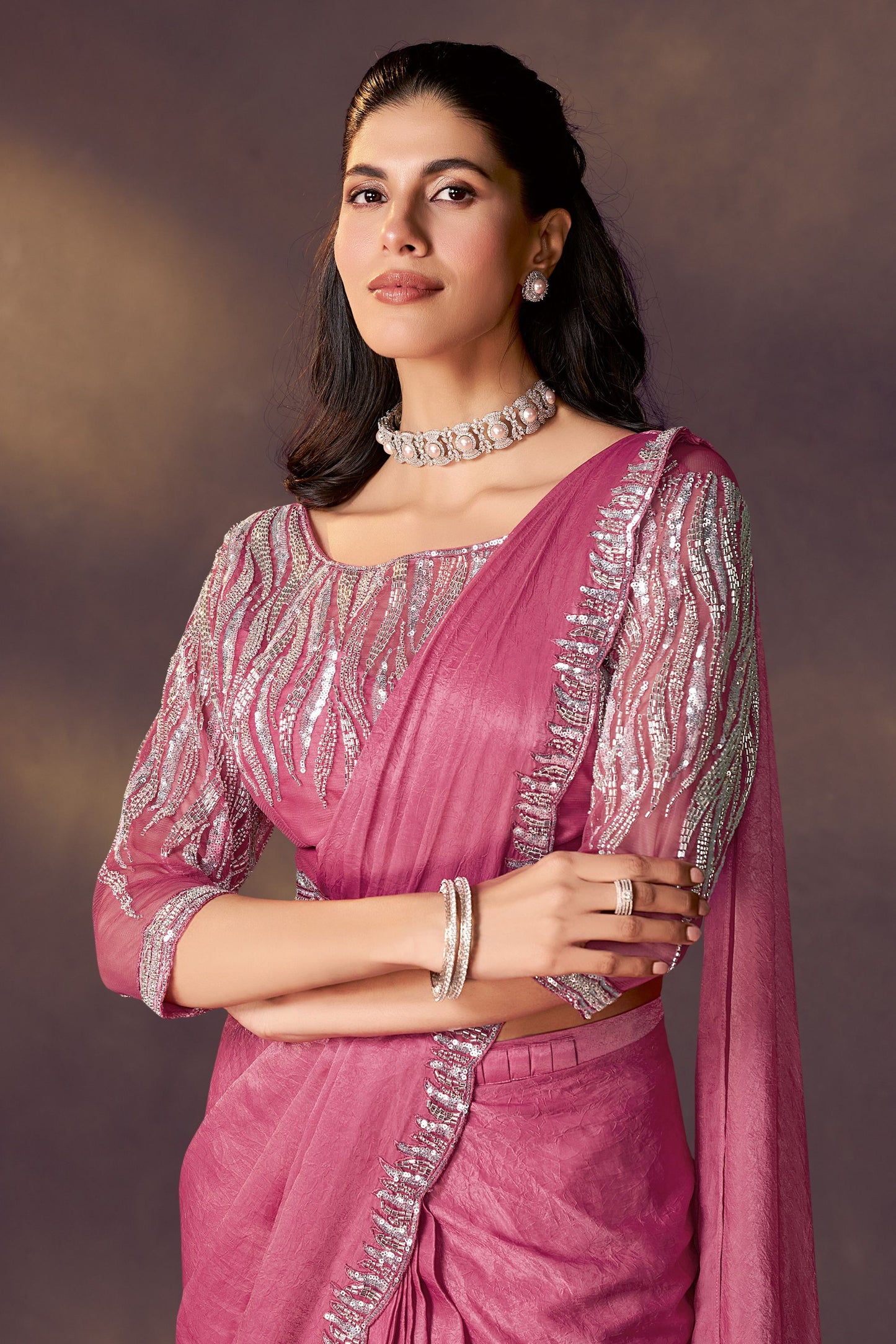 Designer Wine Pink Georgette Saree with Sequin Blouse