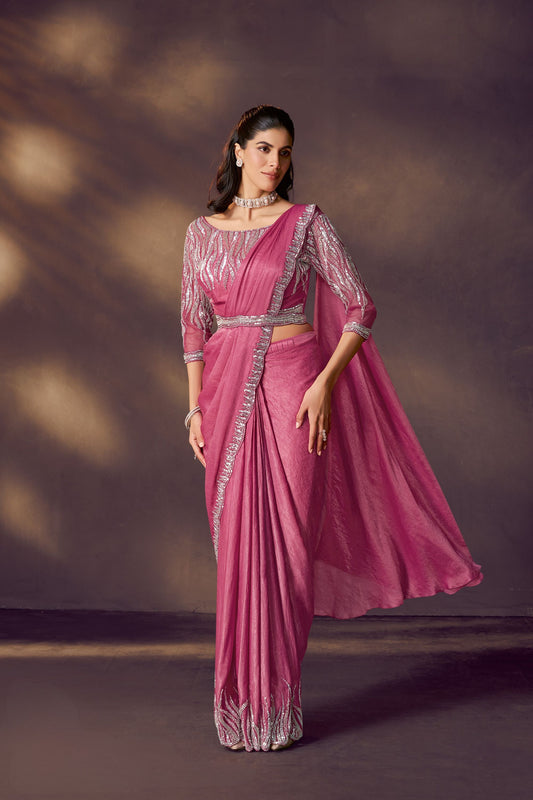 Designer Wine Pink Georgette Saree with Sequin Blouse 