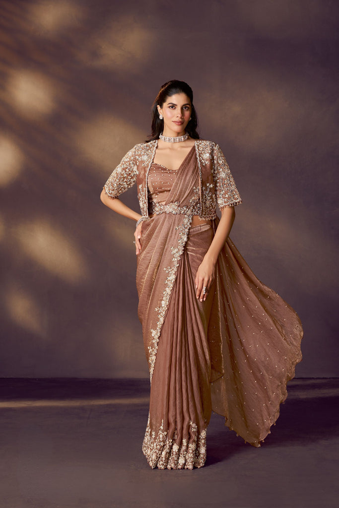 Designer Brown Embroidered Georgette Saree and Sleeveless Blouse