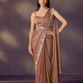 Designer Brown Embroidered Georgette Saree and Sleeveless Blouse